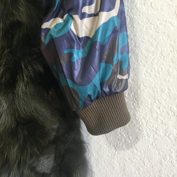 Camouflage Fur Coat Open Style Size Large Brown/Blue Navy - Picture 3 of 11